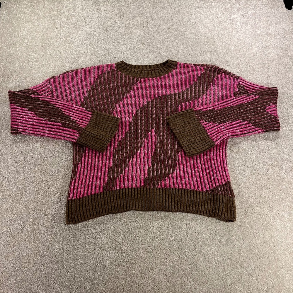 Nine West Sweater Womens XS Pink Brown Zebra Abstract‎ Ribbed Knit Boxy Pullover